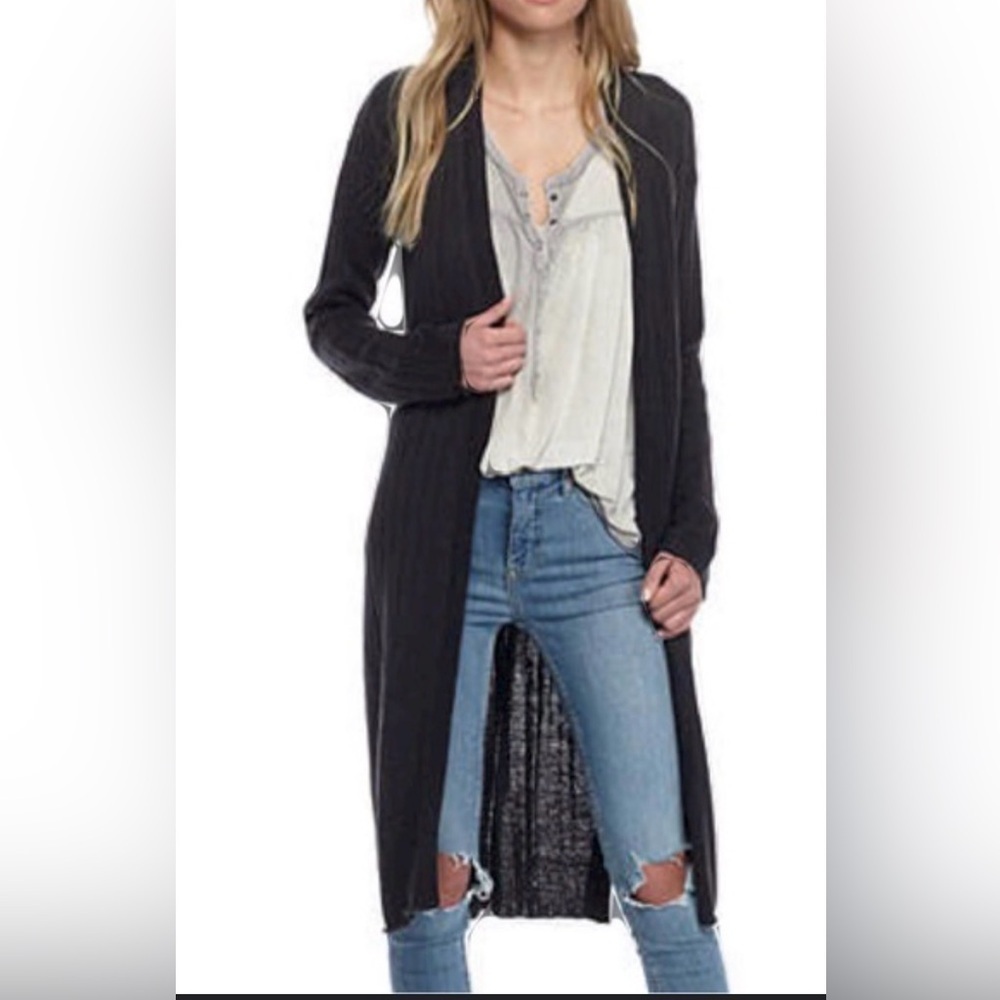 Free People Slim Ribbed Long Knit Cardigan - Black